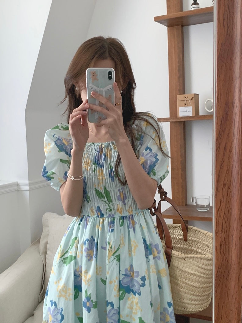 French Romance Light Blue Watercolor Floral Print Smocked Midi Dress