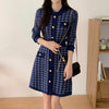 Classic Dark Blue Houndstooth Buttoned Knit Dress