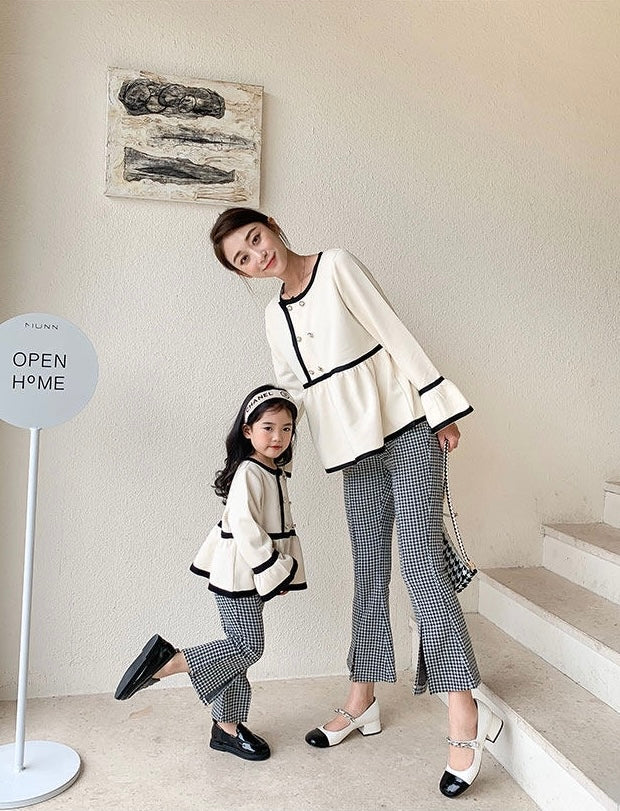 Mom & Daughter ♡ White Peplum Top with Houndstooth Pattern Pants Set