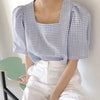 Square Neck Gingham Check Short Sleeve Blouse