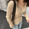 Cross-Over V-Neck Ribbed Knit Top