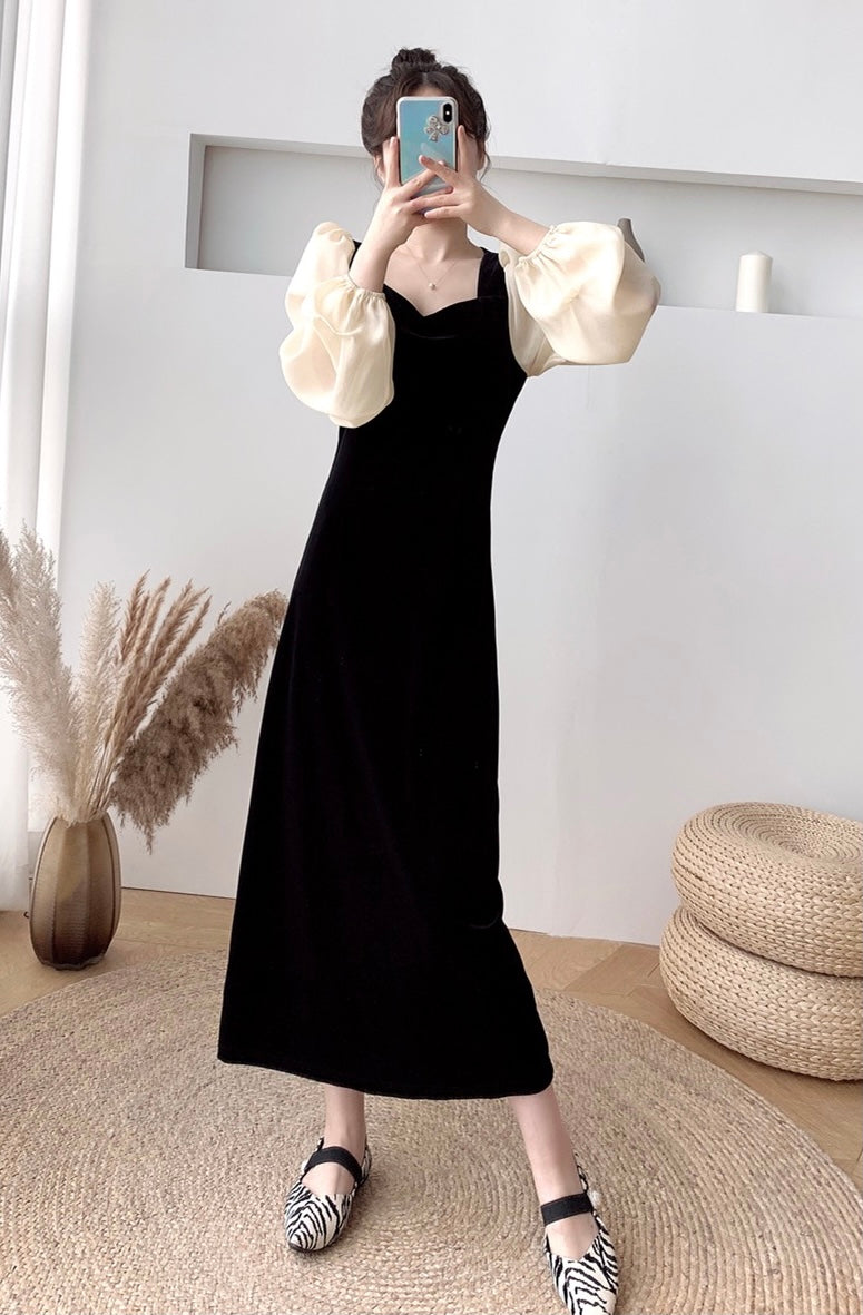 Black Velvet Dress with Organza Puffed Sleeves