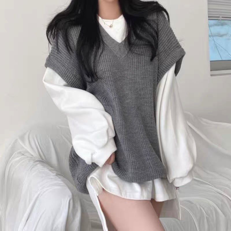 Oversized Knitted Vest and Cotton Sweatshirt Set