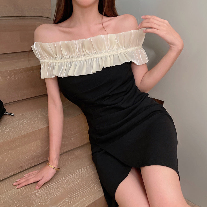 Smocked Ruffle Off-The-Shoulder Mesh Bodycon Dress