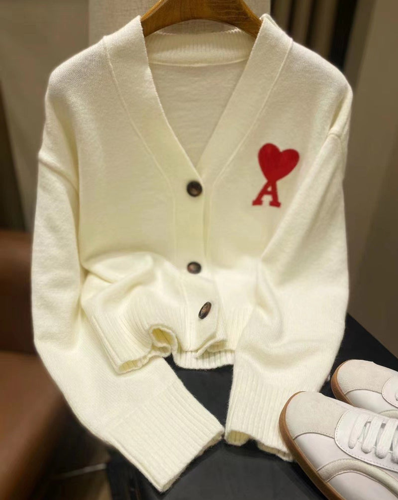 Korean Style Embroidered Letter Heart Soft Wool Cardigan