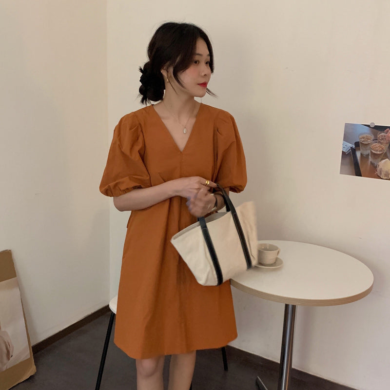 Minimalist Pumpkin-Colored Puffed Sleeve V-Neck Cotton Mini Dress