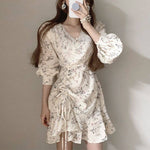 Floral V-Neck Side Drawstring Long Sleeve Dress