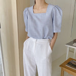 Square Neck Gingham Check Short Sleeve Blouse