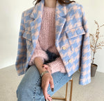 Designer Bubble Gum Houndstooth Cropped Tweed Blazer