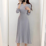 Long Sleeve Belted Pleated Chiffon Midi Dress