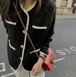 Black & White Contrast Trim Collarless Tweed Jacket