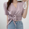 Wrap Style Bow Tie Short Sleeve Blouse