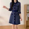 Classic Dark Blue Houndstooth Buttoned Knit Dress