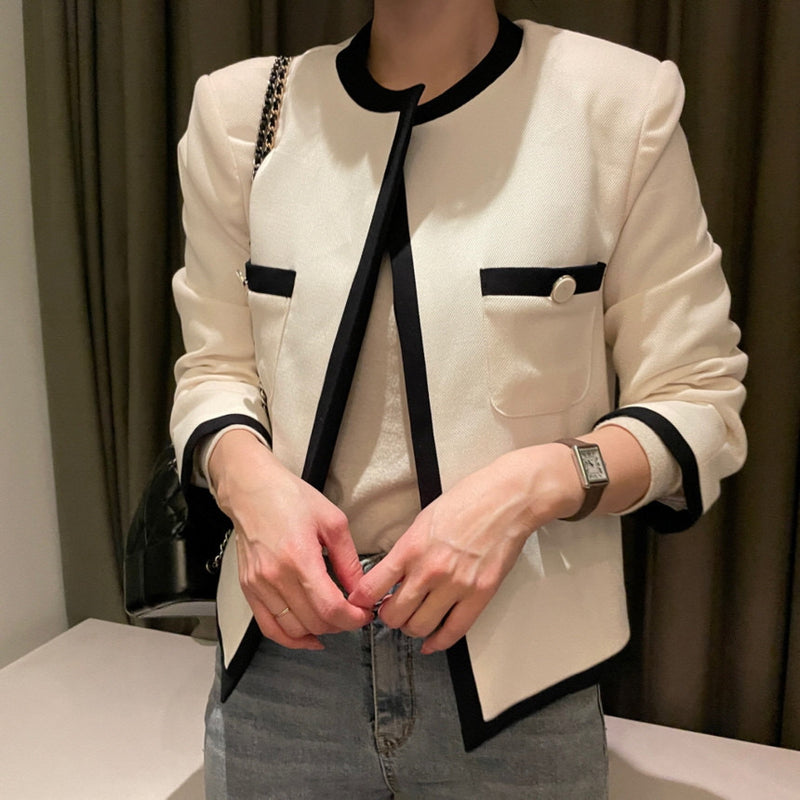 Classic Black & White Contrasting Trim Round Neck Open Front Jacket