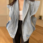 Denim Cap Sleeve Shawl Collared Vest