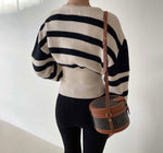 Round Neck Drop Shoulder Stripe Sweater with Gathered Waist and Slit