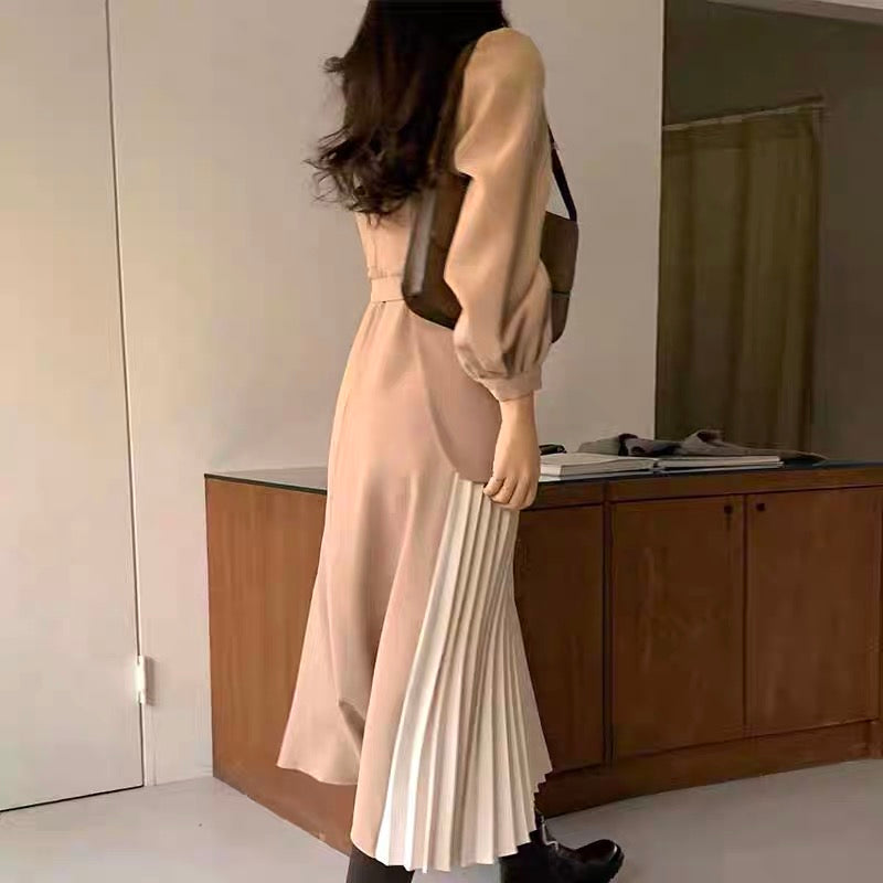 Light Tan Color Block V-Neck Long Sleeve Pleated Midi Dress