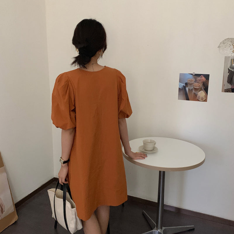 Minimalist Pumpkin-Colored Puffed Sleeve V-Neck Cotton Mini Dress