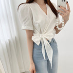 Wrap Style Bow Tie Short Sleeve Blouse