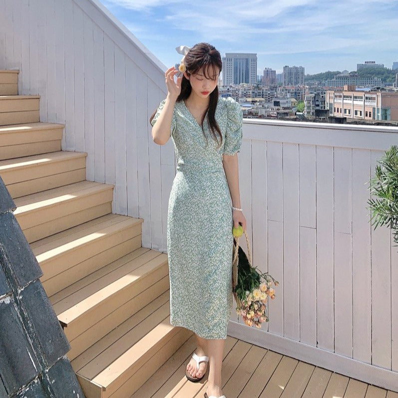 Korean Style Floral Printed V-Neck Wrap Dress