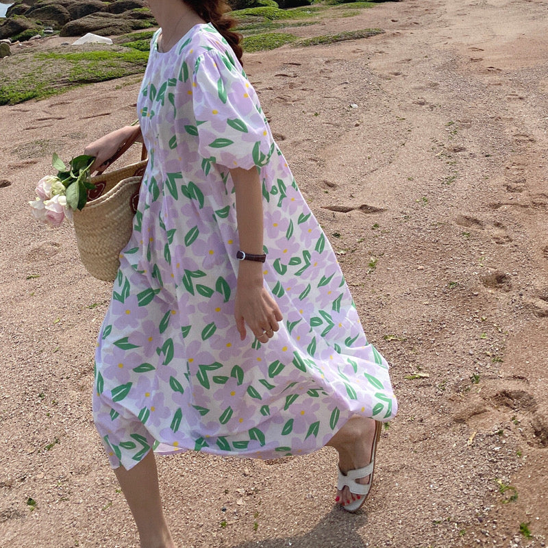 Floral Printed Puff Short Sleeve Dress