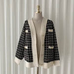 V-Neck Oversized Plaid Cardigan with Gold Button