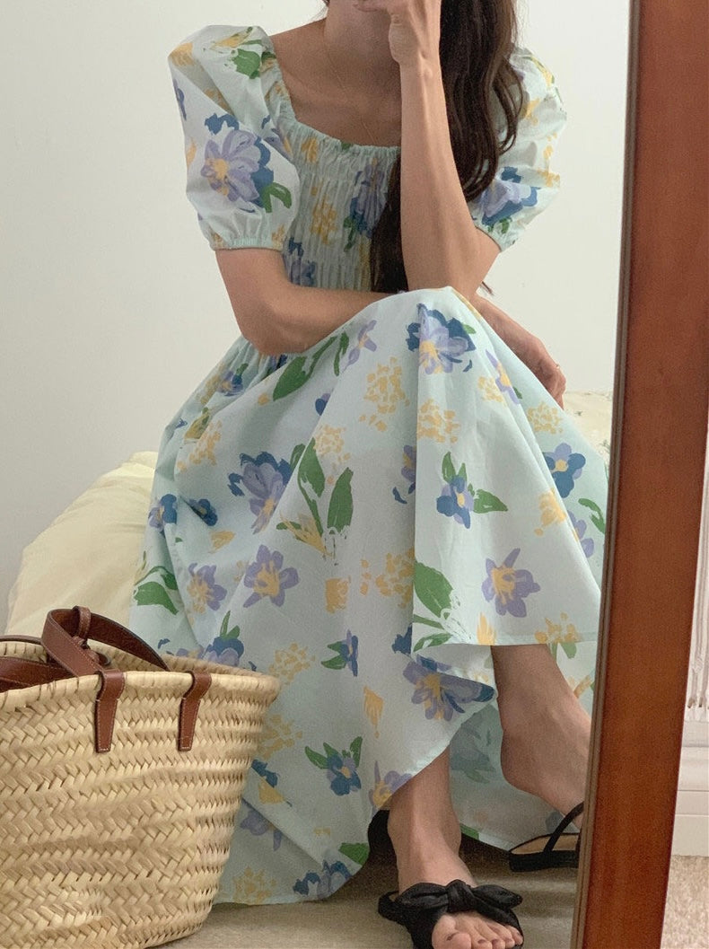 French Romance Light Blue Watercolor Floral Print Smocked Midi Dress