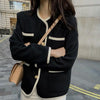 Black & White Contrast Trim Collarless Tweed Jacket