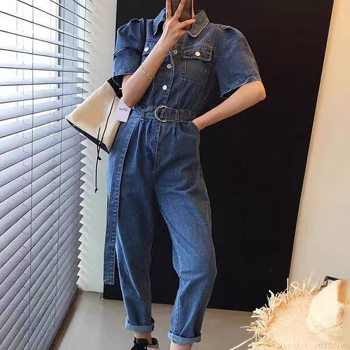 Short Sleeve Blue Denim Utility Jumpsuit