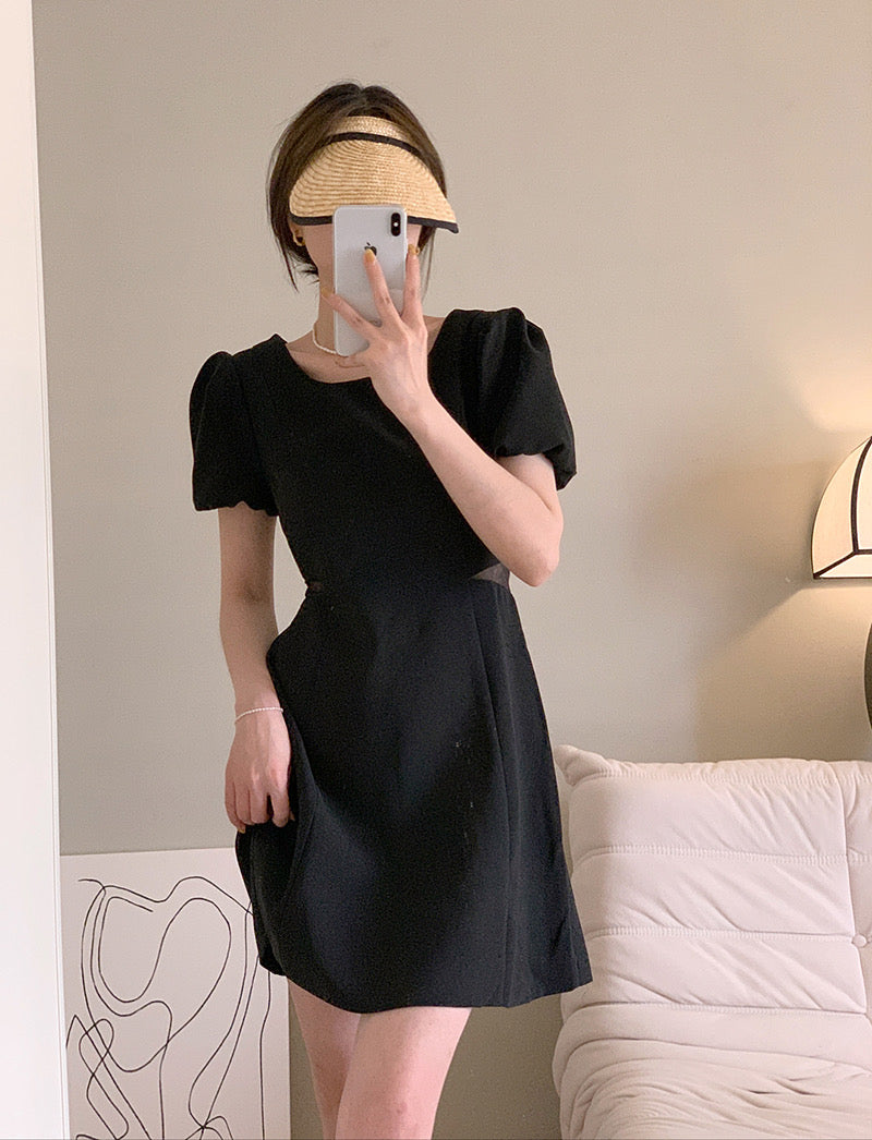 Short Sleeve Mini Dress with Cut Out Meshed Waist