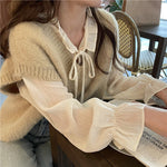 Chiffon Long Sleeve Ruffle Tie Neck Blouse with Knit Vest