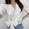 Wrap Style Bow Tie Short Sleeve Blouse