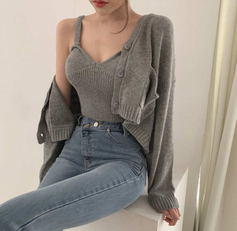 Korean Style V-Neck Long Sleeve Cardigan Set