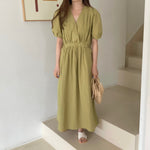 Matcha Green / Beige V-Neck Belted Dress with Pockets