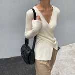 Cross-Over V-Neck Ribbed Knit Top