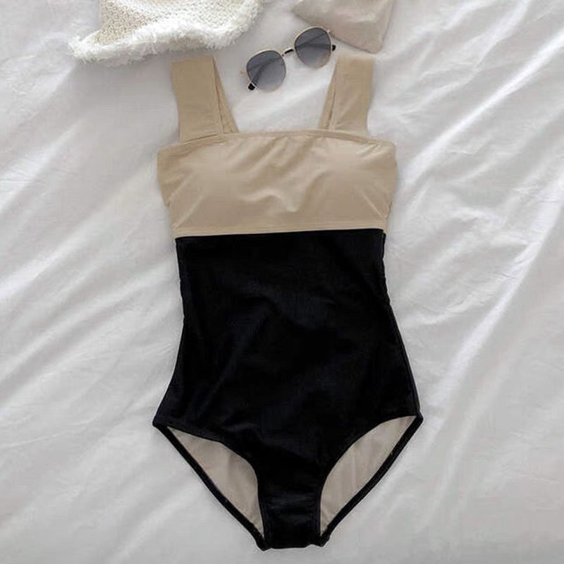 Classic Beige and Black High Waist Swimsuit