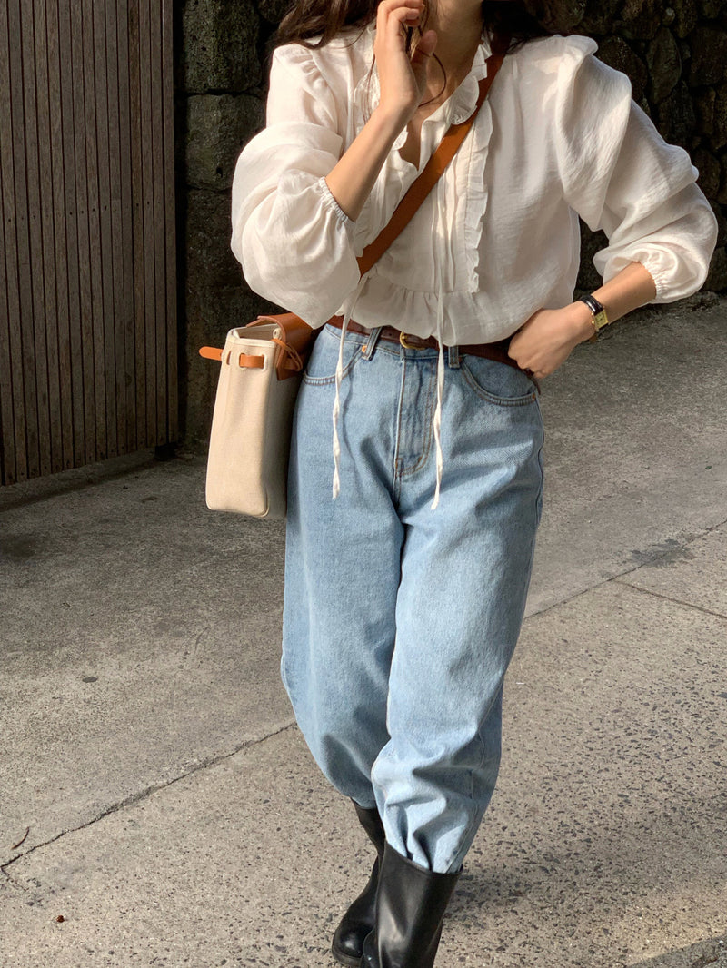 French Romance Ruffled V-Neck Ribbon Tie Blouse