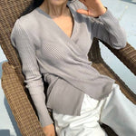 Cross-Over V-Neck Ribbed Knit Top