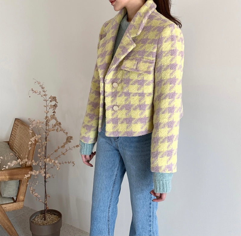 Designer Bubble Gum Houndstooth Cropped Tweed Blazer