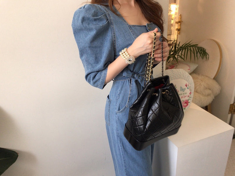 Square Neck Belted Denim Jumpsuit