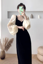 Black Velvet Dress with Organza Puffed Sleeves