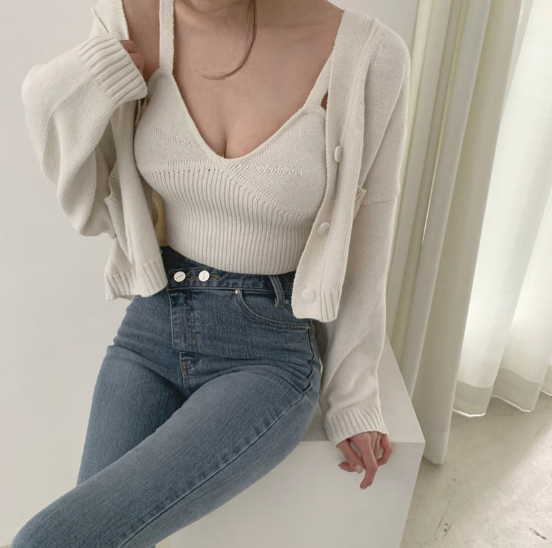 Korean Style V-Neck Long Sleeve Cardigan Set