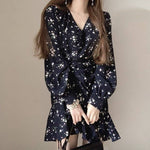 Floral V-Neck Side Drawstring Long Sleeve Dress