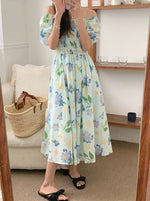 French Romance Light Blue Watercolor Floral Print Smocked Midi Dress