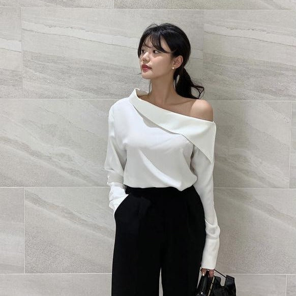 Asymmetrical Designer Off Shoulder Button Up Sleeve Shirt