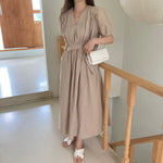 Matcha Green / Beige V-Neck Belted Dress with Pockets