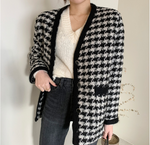 Classic Houndstooth Black & White Quilted Tweed Coat