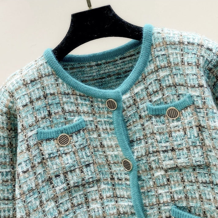 Crew Neck Multicolor Tweed Knit Cardigan