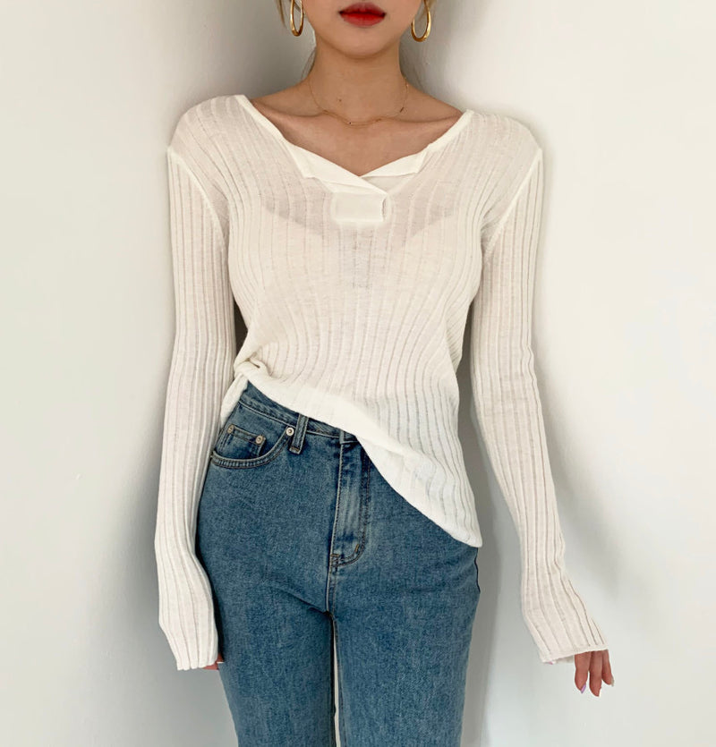 Soft Cotton V-Neck Ribbed Knit Top