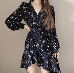 Floral V-Neck Side Drawstring Long Sleeve Dress